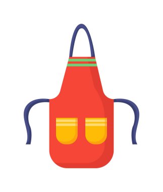 Mutfak önlüğü konsepti. Yemek pişirmek için kıyafetler. Giyin, giyin ve giyin. Kırmızı ipleri aşındırıyor. Şablon, yerleşim ve modelleme. Çizgi film düz vektör çizimi beyaz arkaplanda izole edildi