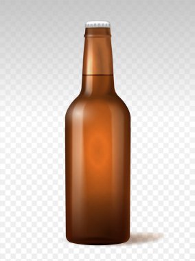 Gerçekçi kahverengi bira şişesi. Alkol ve sıvı. Reklam ve pazarlama. Etiketsiz ve etiketsiz cam kutu. Şeffaf arkaplanda izole edilmiş Isometric vektör illüstrasyonu