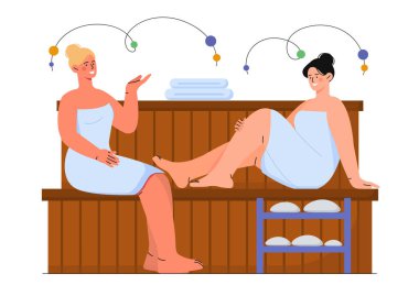 Sauna kavramındaki insanlar. Havlu giymiş iki kadın ahşap bankta oturuyor. Deri ve vücut bakımı, SPA prosedürleri. İyilik, rahatla ve dinlen. Alternatif fizik tedavi. Çizgi film düz vektör çizimi