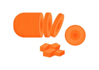 Dilimlenmiş havuç konsepti. Doğal ve organik ürünler. Vitaminle sağlıklı beslenme, düzgün beslenme. Şablon, yerleşim ve modelleme. Çizgi film düz vektör çizimi beyaz arkaplanda izole edildi