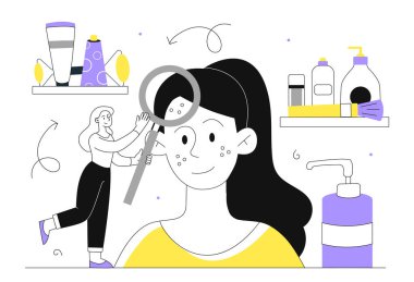 Kadın güzellik uzmanı konsepti. Büyüteci olan doktor sivilceli genç kıza bakıyor. Sabun ve sprey, kozmetik ürünleri. Cilt ve yüz bakımı. Doğrusal düz vektör çizimi