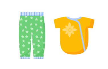 Bebek konsepti için kıyafet seti. Sarı tişört ve yeşil pantolon. Rahatlık ve rahatlık. Sosyal ağlar ve kuryeler için etiket. Çizgi film düz vektör koleksiyonu beyaz arkaplanda izole edildi