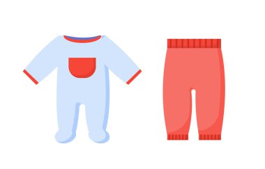 Bebek konsepti için kıyafet seti. Beyaz pantolon ve kırmızı pantolon. Pamuk ve tekstil üretimi. Web sitesi afişi ya da afişi. Çizgi film düz vektör koleksiyonu beyaz arkaplanda izole edildi