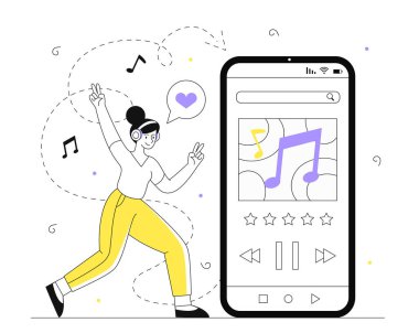 Müzik platformu olan bir kadın. Akıllı telefonun yanında şarkıları ve melodileri olan genç bir kız. Oyuncuyla kulaklık takan bir karakter. Eğlence ve eğlence. Doğrusal düz vektör çizimi