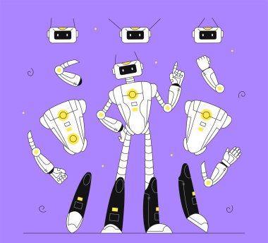 Robot hattı konseptinin bir parçası. Otomasyon ve modern teknolojiler, yenilik. Yapay zeka ve makine öğrenimi. Robotun elleri ve bacakları. Çizgi film düz vektör çizimi