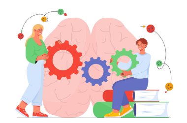 Bilimsel disiplin kavramı olan insanlar. Beynin arka planında çok renkli dişlileri olan kadın ve erkek. Anatomi ve biyoloji. Mantıklı düşünme ve yaratıcılık. Çizgi film düz vektör çizimi