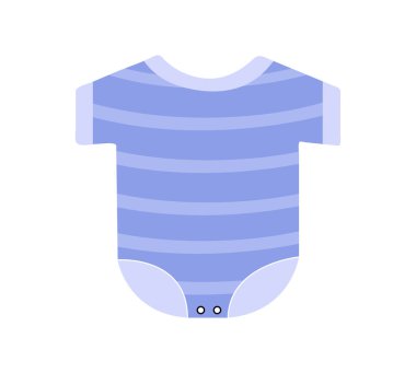Bebek giysisi konsepti. Erkekler ve kızlar için mavi çizgili tulum. Yeni yürümeye başlayanlar için kıyafetler. Web sitesi afişi ya da afişi. Çizgi film düz vektör çizimi beyaz arkaplanda izole edildi