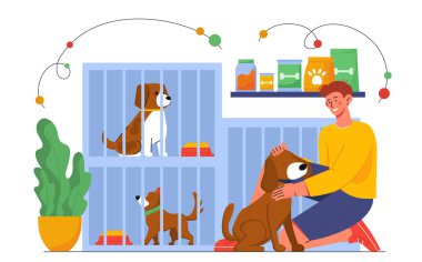 Hayvan barınağı konsepti. Köpekleri ve köpekleri olan genç bir adam. Gönüllü ve aktivist. Evcil hayvanlar ve evcil hayvanlar. Cömertlik, yardımseverlik, nezaket. Çizgi film düz vektör çizimi