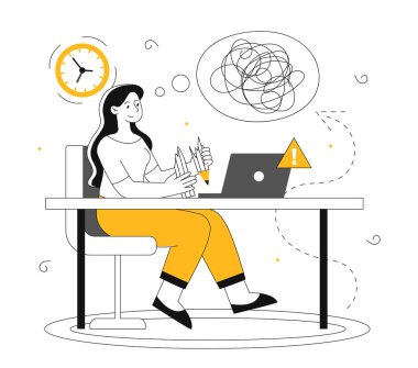 İş yeri konseptine şaşırmış bir kadın. Genç kız sorunu düşündü ve kalemi kırdı. Çok çalışan biri. Duygusal çöküntü ve zihinsel sorunlar. Doğrusal düz vektör çizimi