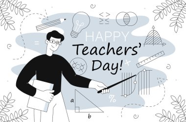 Öğretmenler Günü konsepti olan adam. Grafiklerin ve molekül yapısının yanında işaretçi olan genç adam. Eğitim ve eğitim. Uluslararası tatil ve festival. Doğrusal düz vektör çizimi