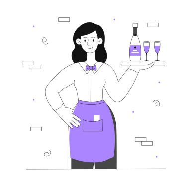 Tepsi hattı konsepti olan garson. Bir şişe şarap ya da şampanya ve bardak taşıyan genç bir kız. Önlüklü kadın, alkollü içkiler, içecekler. Kafe ya da restoran çalışanları. Doğrusal düz vektör çizimi