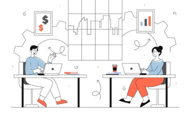 İnsanlar ofis hattı konseptinde çalışıyor. Dizüstü bilgisayarlı kadın ve erkek masalara oturur ve iletişim kurarlar. Ortak proje üzerinde çalışan iş arkadaşları ve ortaklar. Verimli iş akışı. Doğrusal düz vektör çizimi