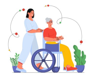 Bakım hizmeti konsepti olan yaşlı bir kadın. Tekerlekli sandalyedeki engelli emekli. Hemşire hastaya yardım eder, doktor büyükanneye yardım eder. Sağlık ve tedavi. Çizgi film düz vektör çizimi