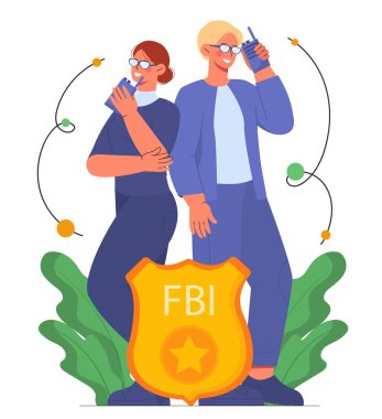 FBI ajanları konsepti. Polis gücü ekip çalışması. Altın rozetin yanında telsizi olan kadın ve erkek. Kanun ve hukuk. Güvenlik ve koruma. Çizgi film düz vektör çizimi