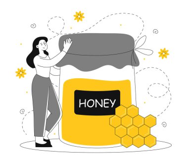 Woman with jar of honey concept. Young girl with large glass with sweet food. Dessert and delicacy. Natural and organic product. Apiary and honeycombs. Linear flat vector illustration clipart