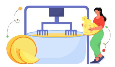 Süt ürünleri konsepti olan kadın. Peynirli genç kız kasenin yanında mikserle. Doğal ve organik beslenen çiftçi. Web sitesi afişi ya da afişi. Çizgi film düz vektör çizimi