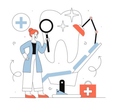 Diş muayenesi konsepti. Büyük dişlerin yanında büyüteç takan kadın. Tedavi ve ilaç için diş teçhizatı olan genç bir kız. Teşhis ve sağlık hizmetleri. Doğrusal düz vektör çizimi