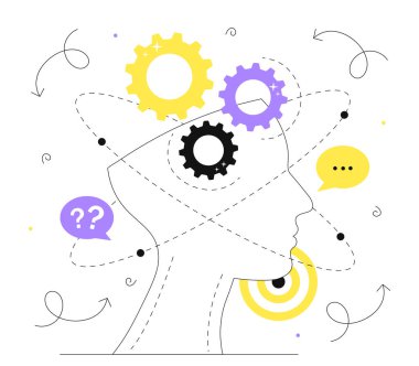 Düşünme çizgisi konsepti. Baş silueti, vitesli ve kondüktörlü. Psikoloji, farkındalık, akıl sağlığı. Mantıklı süreçler ve düşünceli, düşünceli bir karakter. Doğrusal düz vektör çizimi