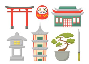 Japon elementleri seti. Geleneksel doğu binaları ve esrar içinde sakura. Doğu Asya seramik oyuncağı ve katana. Çizgi film düz vektör koleksiyonu beyaz arkaplanda izole edildi