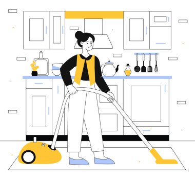 Hizmetçi süpürme hattı konsepti. Evde elektrikli süpürgesi olan genç bir kız. Ev işleri ve rutin işler. Mutfakta temizlik ve hijyen. Poster ya da afiş. Doğrusal düz vektör çizimi