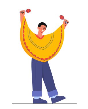 Meksikalı giyim konsepti olan adam. Marakeş genç adam. El vantilatörü olan biri. Moda ve tarz. Sosyal ağlar için etiket. Çizgi film düz vektör çizimi beyaz arkaplanda izole edildi