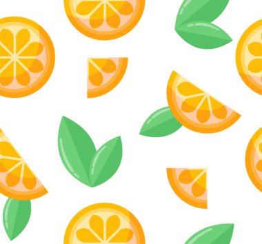 Limon konseptli kusursuz bir desen. Kumaş üzerine baskı yapmak için tasarım ögesi tekrarlanıyor. Doğal ve organik ürünlerin dilimleri. Yapraklı turunçgil. Çizgi film düz vektör çizimi