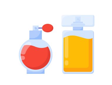 Parfüm şişeleri seti. Kırmızı ve sarı sıvılı cam. Parfüm ve parfüm, aroma. Web sitesi afişi ya da afişi. Çizgi film düz vektör koleksiyonu beyaz arkaplanda izole edildi