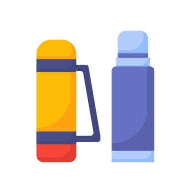 Termoses konsepti. Sıcak içecekler, çay ya da kahve için konteyner. Aktif yaşam tarzı, kamp ve yürüyüş. Poster ya da afiş. Çizgi film düz vektör koleksiyonu beyaz arkaplanda izole edildi