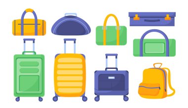 Seyahat için çantalar. Mavi, yeşil ve sarı valizler ve bavullar. Turizm ve seyahatler için paket, yolculuk. Tatil ve tatil. Çizgi film düz vektör koleksiyonu beyaz arkaplanda izole edildi
