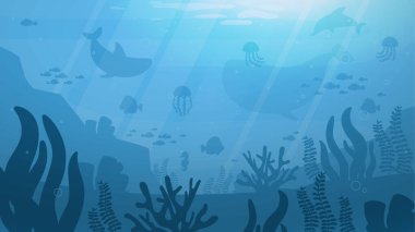 Sualtı arka plan konsepti. Deniz veya okyanusta balık siluetleri olan resifler ve mercanlar. Ekosistem ve vahşi yaşam. Flora ve Fauna. Web sitesi afişi ya da afişi. Çizgi film düz vektör çizimi