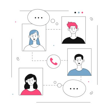 Görüntülü konferans hattındakiler. Video bağlantısı olan bir adam ve kadın. Sosyal ağlarda ve habercilerde iletişim. Kablosuz bağlantı ve etkileşim. Doğrusal düz vektör çizimi