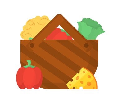 Piknik konsepti için sepet. Peynirli araba, salata, domates. Doğal ve organik ürünler. Dinlen ve dışarıda dinlen. Çizgi film düz vektör çizimi beyaz arkaplanda izole edildi