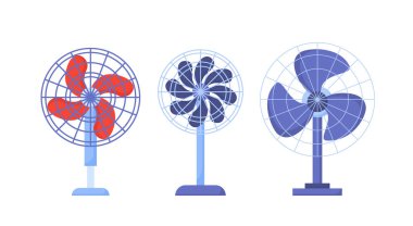 Elektrikli pervaneler hazır. Ev ve bilgisayar için soğutma sistemi. Sıcak hava ve yaz mevsimi için eşyalar. Sosyal ağlar için çıkartmalar. Çizgi film düz vektör koleksiyonu beyaz arkaplanda izole edildi