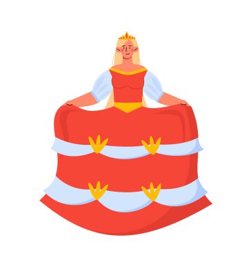 Cute beautiful fairytale princess in a lush dress. Young girl in red dress with crown. Sticker for social networks. Cartoon flat vector illustration isolated on white background clipart