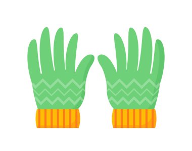 Kış eldiveni konsepti Yeşil örülmüş giysiler. Soğuk hava ve kış mevsimi. Moda ve moda. Şablon ve düzen. Çizgi film düz vektör çizimi beyaz arkaplanda izole edildi