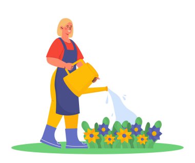 Çiftlik işi kavramı olan insanlar. Çiftçilik ve tarım, kırsal kesim. Çiçekleri sulayan kadın. Çiçekçilik ve botanik. Poster ya da afiş. Çizgi film düz vektör çizimi beyaz arkaplanda izole edildi