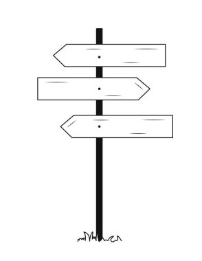 Yol kenarını imzala. Boş ve boş pankart, mesaj için yer. Tahta levhalar ok şeklinde. Şablon, yerleşim ve modelleme. Beyaz arkaplanda izole edilmiş doğrusal düz vektör çizimi