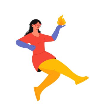 Çocuk süper kahraman konsepti. Kırmızı ve sarı kostümlü kız. Hayal gücü ve hayal gücü. Peri masalı ve kurgusal karakter. Şablon ve düzen. Çizgi film düz vektör çizimi beyaz arkaplanda izole edildi