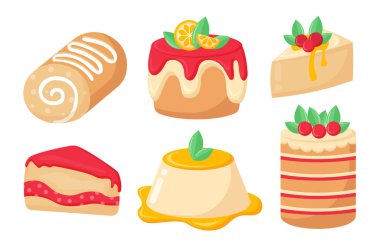 Farklı kek konseptleri. Tatlı ve lezzet. Böğürtlen ve reçelli ev yapımı fırın. Tatlı hamur işi, gurme. Çizgi film düz vektör koleksiyonu beyaz arkaplanda izole edildi