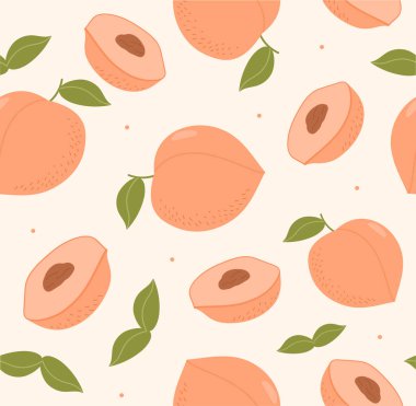 Şeftali konseptli kusursuz desen. Kumaş üzerine baskı yapmak için tasarım ögesi tekrarlanıyor. Doğal ve organik yarı meyve. Vitaminle sağlıklı beslenme. Çizgi film düz vektör çizimi
