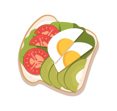 Yumurta kavramlı sağlıklı kahvaltı tostu. Sebzeli ekmek dilimi. Düzgün beslenme ve diyet. Sosyal medya etiketi. Çizgi film düz vektör çizimi beyaz arkaplanda izole edildi