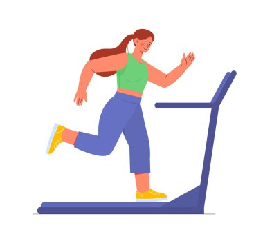 Koşu bandı konseptinde bir kadın. Sağlıklı ve aktif yaşam tarzı olan genç bir kız. Spor, spor, antrenman. Web sitesi afişi ya da afişi. Çizgi film düz vektör çizimi beyaz arkaplanda izole edildi