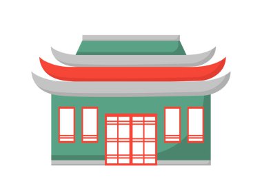 Japon inşaat konsepti. Doğu Asya gelenekleri ve kültürü. Soyut çatısı olan yeşil bir ev. Şablon, yerleşim ve modelleme. Çizgi film düz vektör çizimi beyaz arkaplanda izole edildi