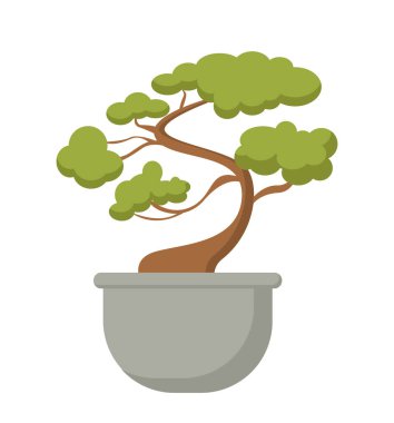 Ot konseptinde Japon ağacı. Doğu Asya gelenekleri ve kültürü. Ev için dekor elemanı. Sosyal ağlar ve kuryeler için etiket. Çizgi film düz vektör çizimi beyaz arkaplanda izole edildi