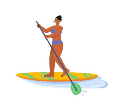 Sörf tahtası konseptinde bir kadın. Kürek çeken genç bir kız. Denizde ve okyanusta dinlen ve rahatla. Tropikal ve egzotik ülkelerde boş zaman. Çizgi film düz vektör çizimi beyaz arkaplanda izole edildi