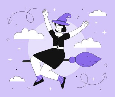 Süpürgedeki cadı konsepti. Şapkalı bir kadın gökyüzünde süpürgeyle uçuyor. Büyü ve büyü, hayal gücü ve fantezi. Cadılar Bayramı için korkunç ve korkunç bir karakter. Doğrusal düz vektör çizimi