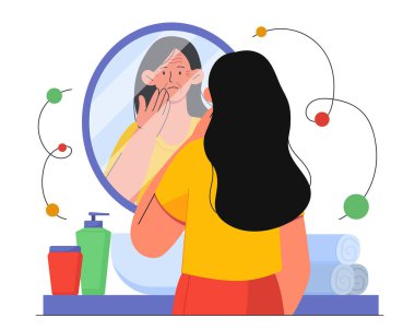 Aynaya yakın kırışıklıkları olan bir kadın. Yaşlı insan onun yansımasına bakar. Cilt ve yüz bakımı. Kozmetik ürünleri karakteri. Güzellik ve kaplıca prosedürleri. Çizgi film düz vektör çizimi