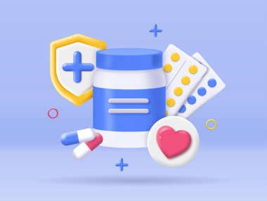 3 boyutlu eczane ilaçları konsepti. İlaçlar ve haplar paketlerde reklam kabarcıkları. Sağlık ve tedavi. Web sitesi simgesi. Mavi arkaplanda izometrik vektör çizimi izole edildi