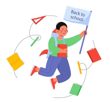 Okul çocuğu konseptine geri dönelim. Renkli kitapların yanında bayrağı olan küçük bir çocuk. Ders kitabı ve kurgu. Uluslararası Bilgi Günü. Çizgi film düz vektör çizimi beyaz arkaplanda izole edildi