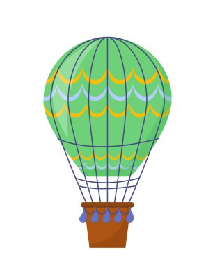 Büyük hava balonu konsepti. Kum torbalarıyla birlikte yeşil gökyüzü nakliyesi. Romantik bir buluşma. Sosyal ağlar ve kuryeler için etiket. Çizgi film düz vektör çizimi beyaz arkaplanda izole edildi